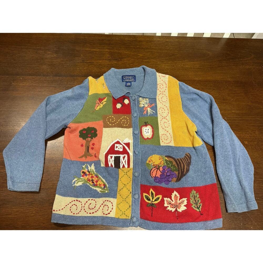 Willow Ridge Embroidered Fall Sweater Leaves Pumpkin Patch Women XL Grandma VTG